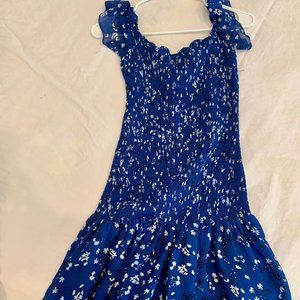 Ruched Blue Floral Drop Waist Dress